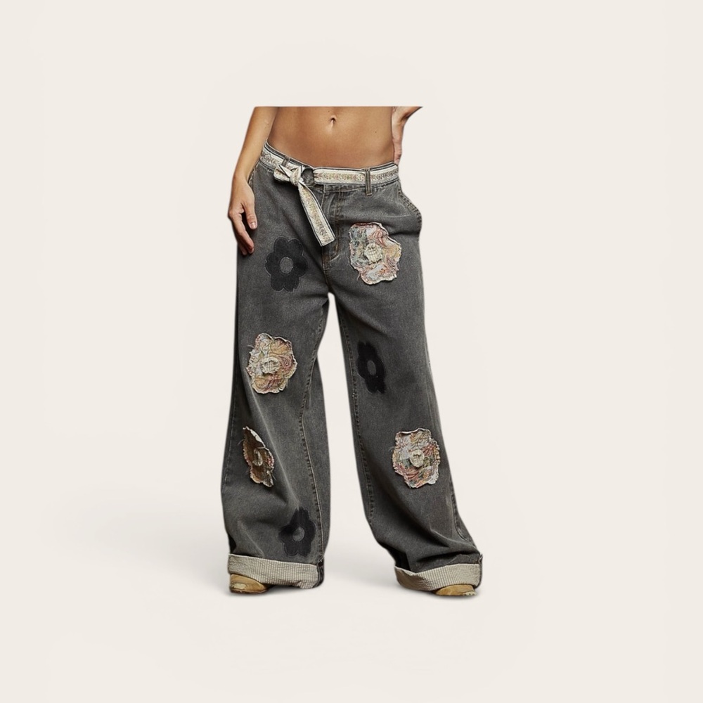 POL Floral Patchwork Wide Leg Denim Jeans Boho Cottagecore Festival
